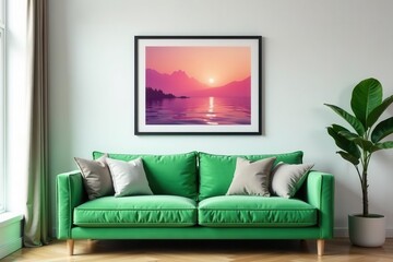 Black framed poster above green sofa, modern interior , modern, poster, stylish