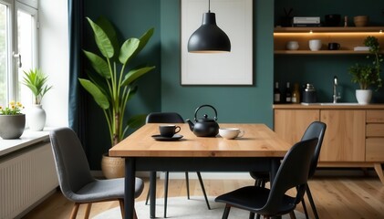 Fototapeta premium Stylish Scandinavian dining room, wooden table, teapot, cups, black accents , dining room, decor, minimalist
