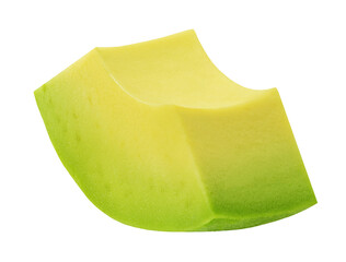 Avocado slice isolated on white. Organic Avocado piece falling. Avocado chunk flying in the air. Macro real photo.  Package design element .
