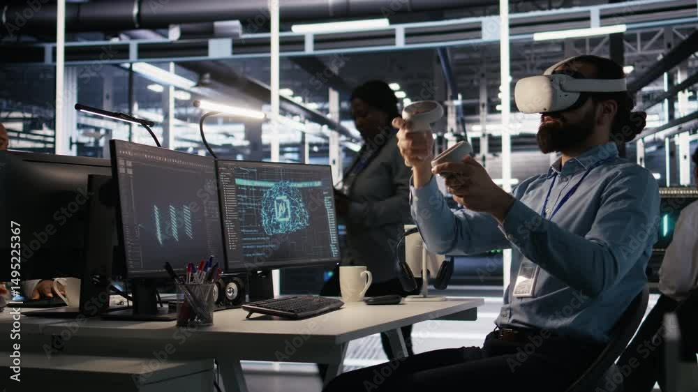 Poster data center technician using vr headset to monitor neural network ai llm visualization. server room 