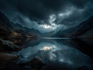 Obraz premium Dramatic Mountain Lake Reflection Under Stormy Sky, Showcasing Natural Beauty and Environmental Awareness for Tourism and Conservation Campaigns : Generative AI