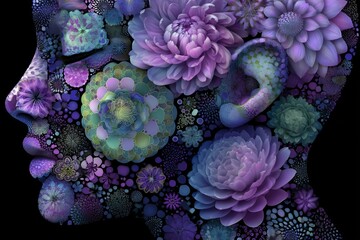 Obraz premium The concept of a neurodivergent brain is visually represented by a brain made of vibrant flowers set against a black backdrop, generated using stock tools