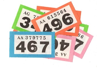 A montage of raffle tickets on a white background.