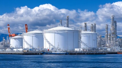 Obraz premium Outdoor storage facilities utilize white spherical tanks to hold hydrogen gas, generated by a neural network in May 2023 without referencing real individuals, scenes, or patterns