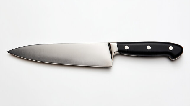 
A top-down view of a clean kitchen knife with stainless steel blade and black handle, isolated on a white background.