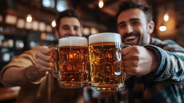 Male friends clinking oversized beer mugs, sharing laughter and camaraderie at dimly lit pub bar