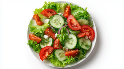 A top-down view of a plate of fresh salad with greens, tomatoes, cucumbers, and dressing, isolated on a white background.