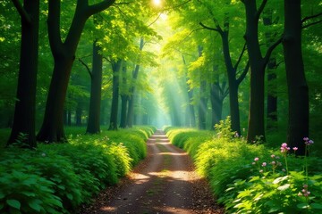 Obraz premium Sun-dappled forest path winding through lush green foliage, dappled sunlight on leaves , undergrowth, countryside, texture background