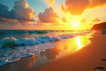 Tranquil sun-drenched sand beach at sunset Golden hour light reflecting on the ocean waves , getaway, yellow, shoreline