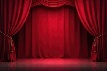Velvet stage curtains drawn back, revealing empty stage Rich, deep red color , reveal, musical, curtains