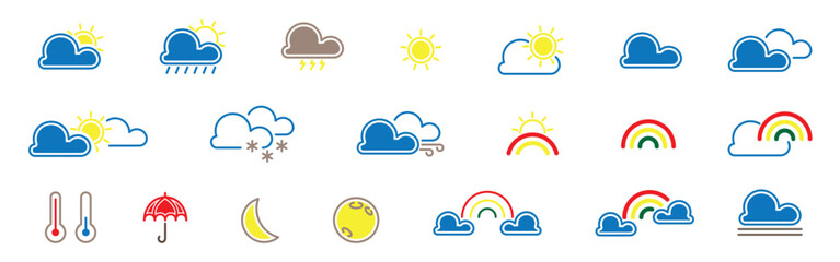Meteorology icons set. Weather icons set isolated on transparent background.  Colorful weather icons. Clouds, rain, sun, fog, moon, umbrella, temperature, snow, rainbow, wind, etc. illustration