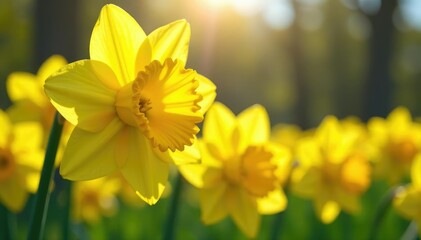 Obraz premium Vibrant daffodil yellow flowers in full bloom, bathed in sunlight , golden, beauty, spring flower