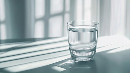 Clear glass of water sits on a table casting shadows in warm afternoon light near a window Generative AI