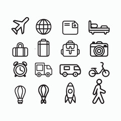 Minimalist Black and White Travel & Transportation Icon Set – Line Art Symbols