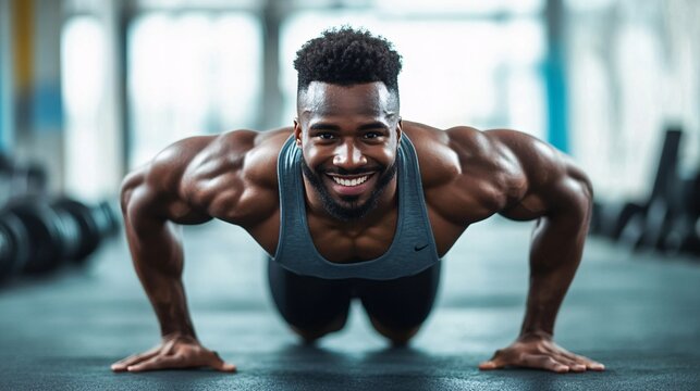 Smiling sportsman performing push-ups during intense workout session in gym