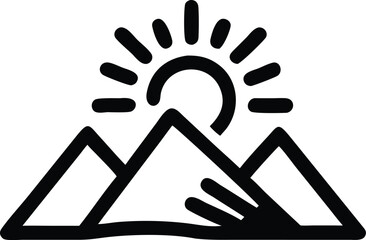 Flat line mountain peak silhouette design with sun for logo creation