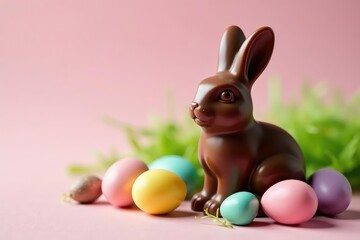 Fototapeta premium Delicious milk chocolate Easter bunny, eggs, and treats Perfect for Easter celebrations , chocolate assortment, cocoa