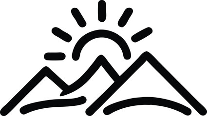 Minimalist mountain peak silhouette with sun design for logo or branding