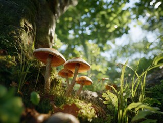 Fototapeta premium Cluster of Mushrooms Growing at Base of Tree in Forest, Symbolizing Natural Healing and Connection to Nature for Wellness Campaigns : Generative AI