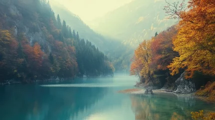 Printed kitchen splashbacks Serene autumnal lake nestled in a misty mountain valley, vibrant foliage reflected in tranquil waters