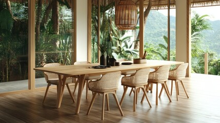 Fototapeta premium Tropical dining room with large wooden table and wicker chairs