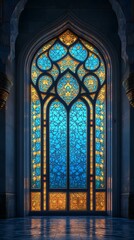 Large, arched stained glass window with intricate patterns in blue and gold hues, set within a stately interior space.