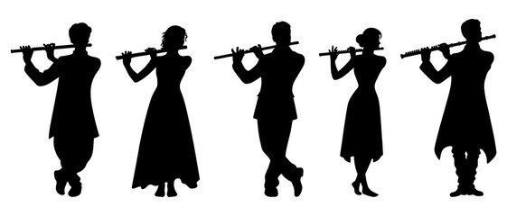 Man And Woman Playing Flute Silhouette Black Filled - Vector Illustration Icon. © iamabduss
