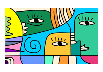 modern cubist abstract illustration featuring expressive human facial features arranged in geometric compositions. 