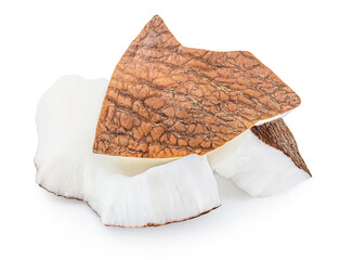 Coconut pieces isolated on white. Tropical coconut fruit slices close up. Coco nut Package design elements.