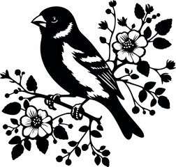 Beautiful Grosbeak Perched on a Flowering Vine Surrounded by Delicate Blossoms and Leaves