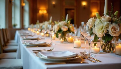 Elegant tablescape at a formal banquet dinner White linens, gold cutlery, candles, and floral centerpieces , plate, white