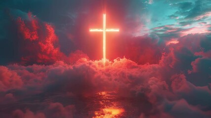 Neon cross in the sky with clouds. Banner for Christian religious publications, Bible magazines	 - Powered by Adobe