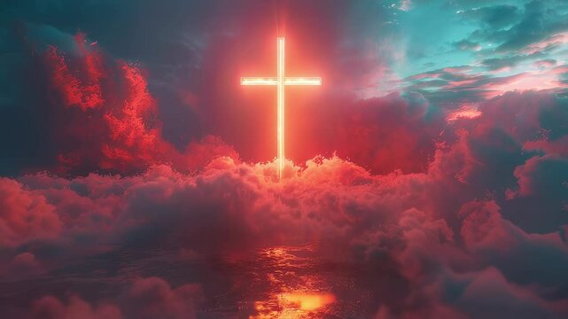 Neon cross in the sky with clouds. Banner for Christian religious publications, Bible magazines