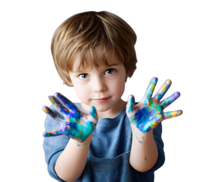 Adorable Toddler Boy with Colorful Paint on Hands Happy Child Artistic Expression Playful Portrait Studio Shot Bright Colors Cute Kid Creative Fun Vibrant Image Childhood Joyful Moment red  