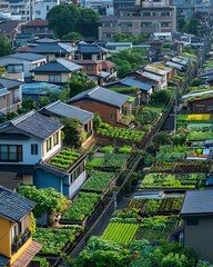 Fototapeta premium View from above: grid of vegetable plots across multiple Tokyo rooftops in urban farming district Sustainable Urban Agriculture Japanese Architecture and Rooftop Design