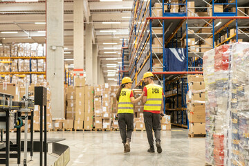 Two workers walk together discussing tasks amid stacked boxes in a warehouse, illustrating teamwork and collaboration.