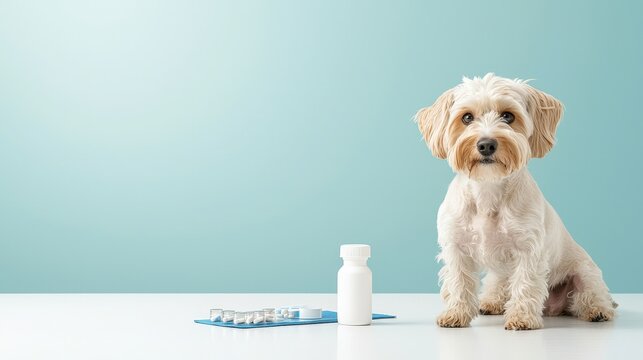 A white dog is sitting on a table next to a bottle of medicine