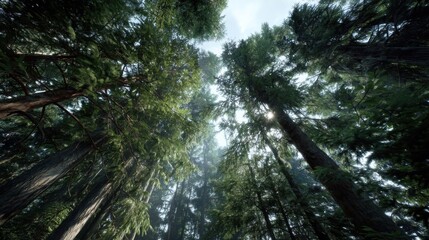 Fototapeta premium Looking Up at Tall Trees in a Forest, Showcasing Environmental Awareness and the Beauty of Nature for Travel Campaigns : Generative AI