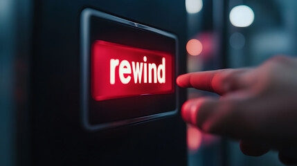 Rewind Button: Finger presses a bright red rewind button on a dark machine. Represents repetition, control, or time manipulation.