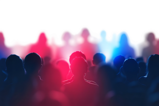 Silhouette of concert crowd with vibrant stage lights isolated on transparent background .PNG