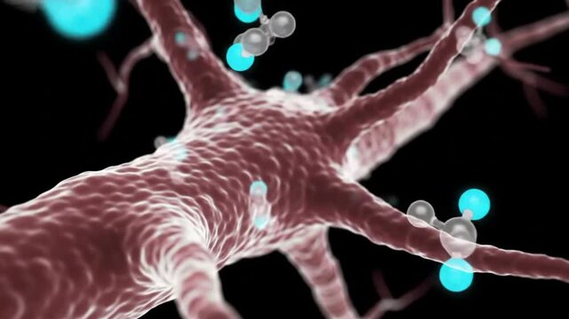 Shaking Neuron Line with Glowing Dopamine Molecules in Blue and Silver &ndash; Abstract Brain and Neurotransmitter Animation

