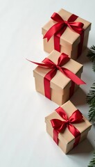 Beautifully presented gift boxes in craft paper and satin ribbons, on a white wooden surface Perfect for festive occasions , texture, new year