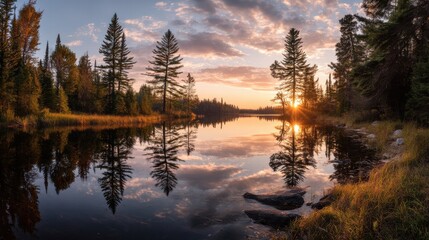 Scenic Lake With Forest Reflection at Sunset, Showcasing Environmental Awareness and Natural Beauty for Travel and Tourism : Generative AI