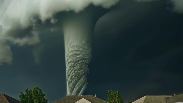 powerful tornado looms over residential neighborhood with dark storm clouds above homes near trees