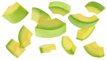 Avocado pieces  isolated on white. Avocado Explocion. Flying Avocado fruit slices.  Top view. Flat lay. Creative layout