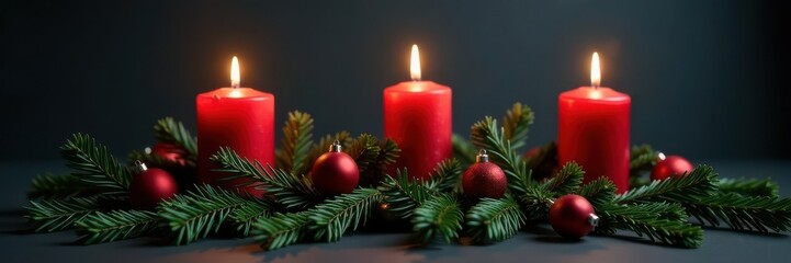 Three candles burn brightly on fir branches, adorned with festive ornaments, against a dark grey backdrop , celebration, winter