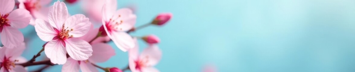 Pastel cherry blossoms, soft blue backdrop, spring floral arrangement , spring, romantic, pink