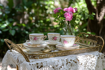 An elegant tea set with floral design sits on an ornate tray, accompanied by a vase of pink roses, creating a tranquil outdoor scene