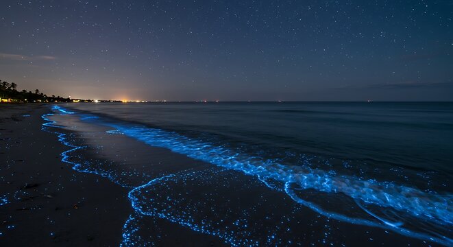 The shoreline of Vaadhoo Island comes alive at night with a mesmerizing display of blue bioluminescent light, creating a magical scene under the starry sky.