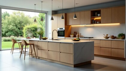 Fototapeta premium Modern kitchen island with sleek countertops and ample storage, perfect for casual dining and food preparation , contemporary, airy, sleek design